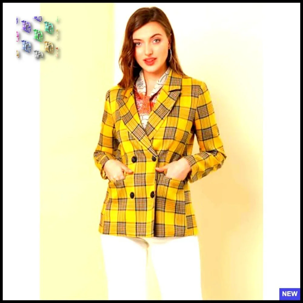 Notched Lapel Double Breasted Blazer Vintage Plaid Formal Work Office Chic
